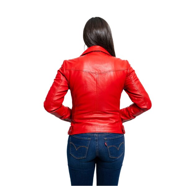 a girl wearing red leather jacket women