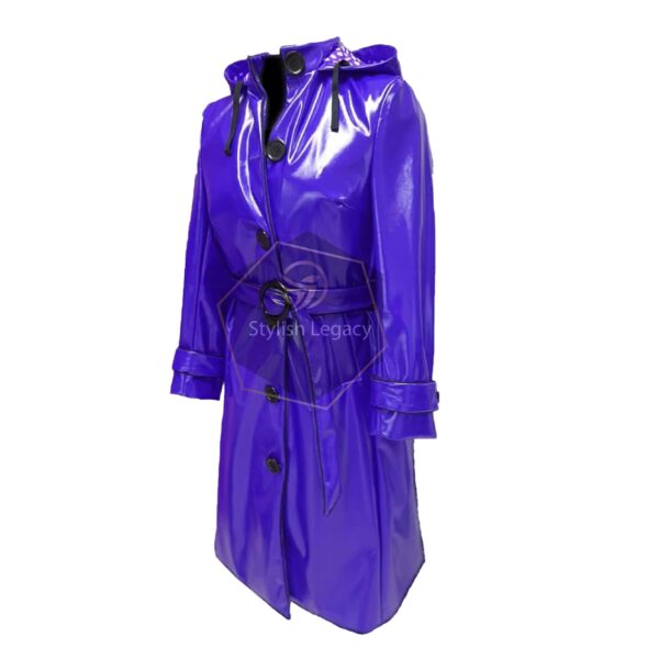 long trench coat with hood womens blue color side view