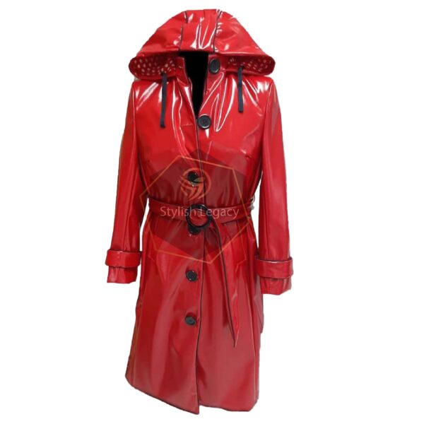 women's long trench coat with hood full red color