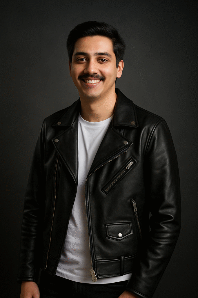 Wearing a men black leather jacket